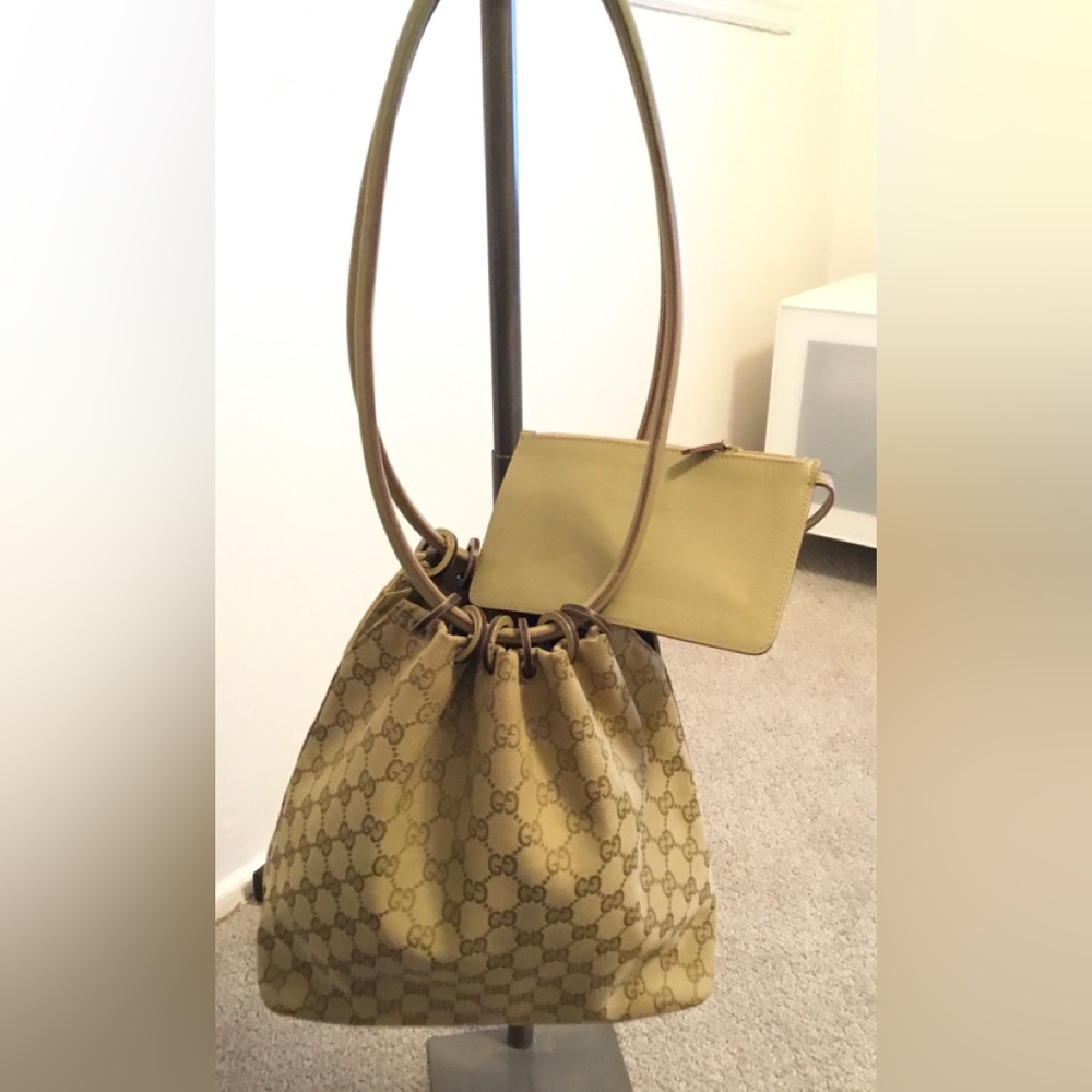 Authentic GUCCI GG Beige Canvas Pouch Shoulder Bag Loop Handles